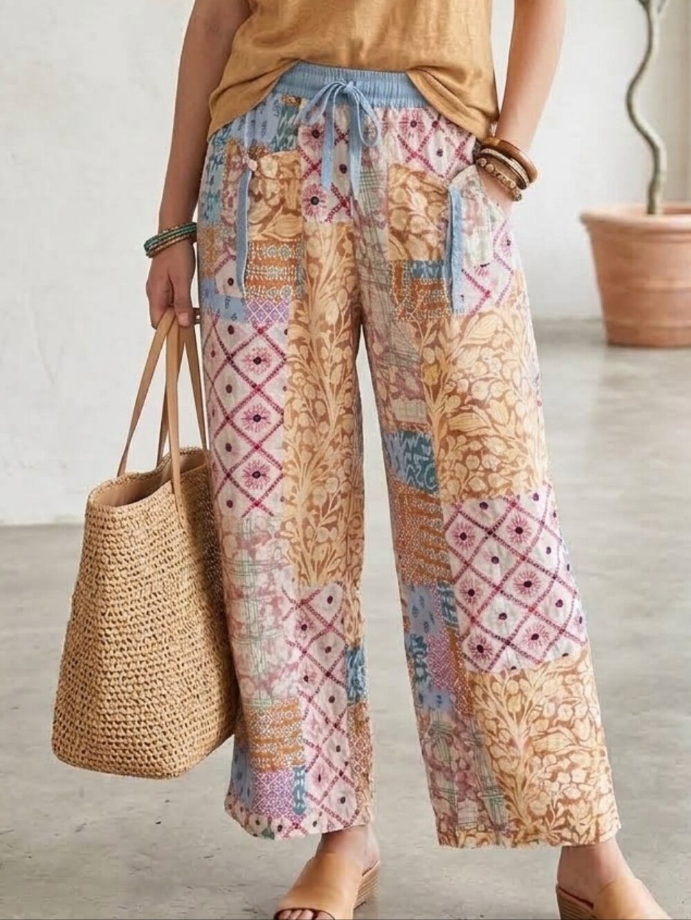 Easel Patchwork Wide Leg Drawstring Waist Pants Size Medium- NWT